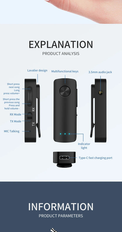 2 in 1 Bluetooth 5.4 Audio Receiver & Transmitter – HiFi Stereo Wireless Adapter with Mic & 3.5mm AUX for Car, Airplane, TV, PC, Speaker
