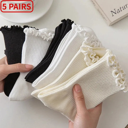 5 Pair/Lot Women's Ruffle Cotton Middle Tube Ankle Short Socks - Breathable Black and White Set for Spring Autumn