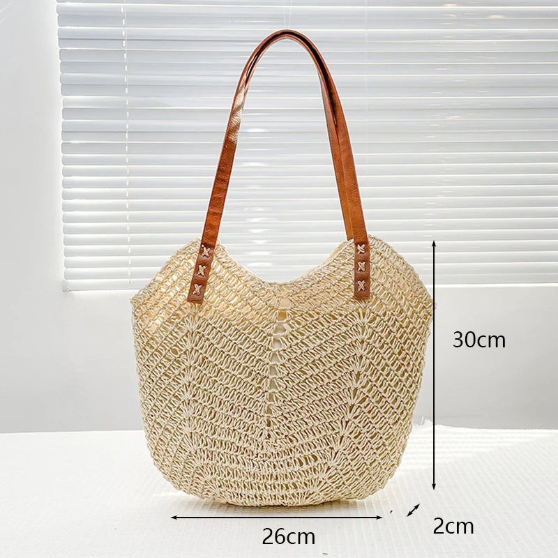 Handmade Woven Straw Beach Bag – Large Capacity Women’s Raffia Shoulder Tote for Summer Travel