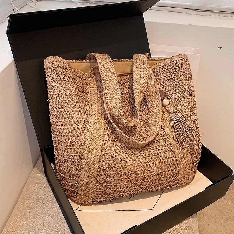 Elegant Straw Woven Handbag – Women’s Retro Beach & Casual Tote Top-Handle Shoulder Bag 2024