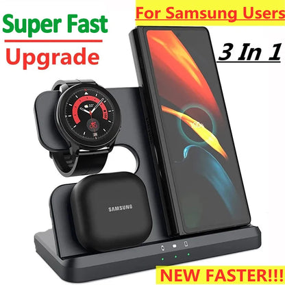 15W 3-In-1 Wireless Charger Stand: Fast Charging Dock Station for Samsung Z Fold 3, S21, S20, Galaxy Watch 5/4/3, Active 2, S3, S4, Buds