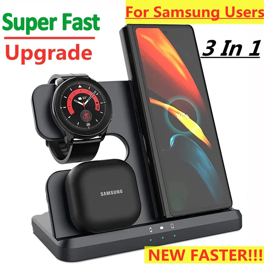 15W 3 in 1 Wireless Charger Stand - Fast Charging Dock for Samsung Z Fold 3, S21, S20, Galaxy Watch 5/4/3, Active 2, Buds