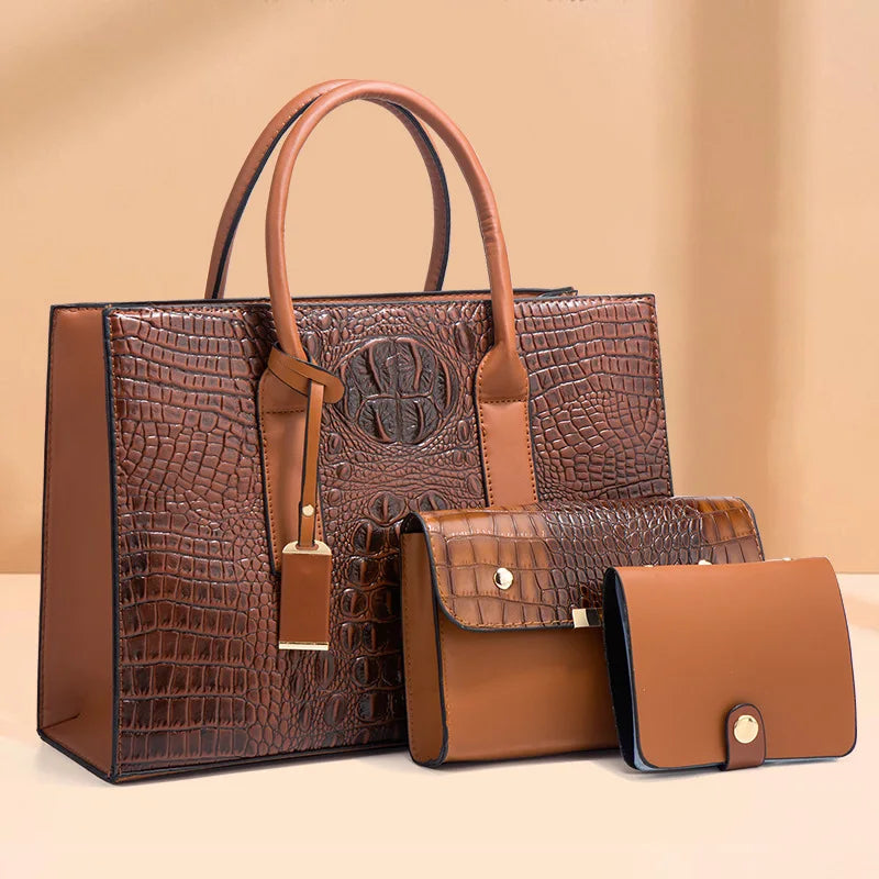 New Crocodile Pattern Handbag Set for Women — 3Pcs Tote, Shoulder Bag & Clutch, Large Capacity Fashion Set