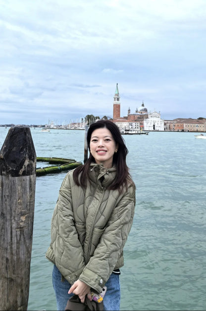 2024 ETJ Quilted Women's Coat – Beige Drawstring High Neck Jacket with Ties & Pockets