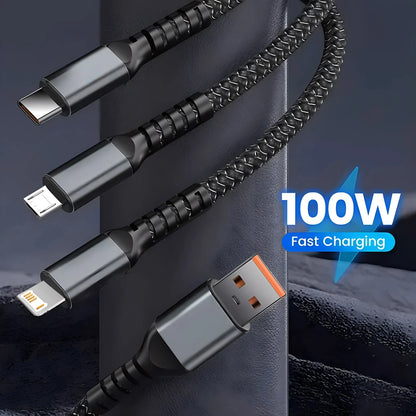 3-in-1 100W 6A Fast Charging Cable — USB to Type-C, Micro, Lightning for iPhone 13–16, Samsung, Xiaomi, Huawei