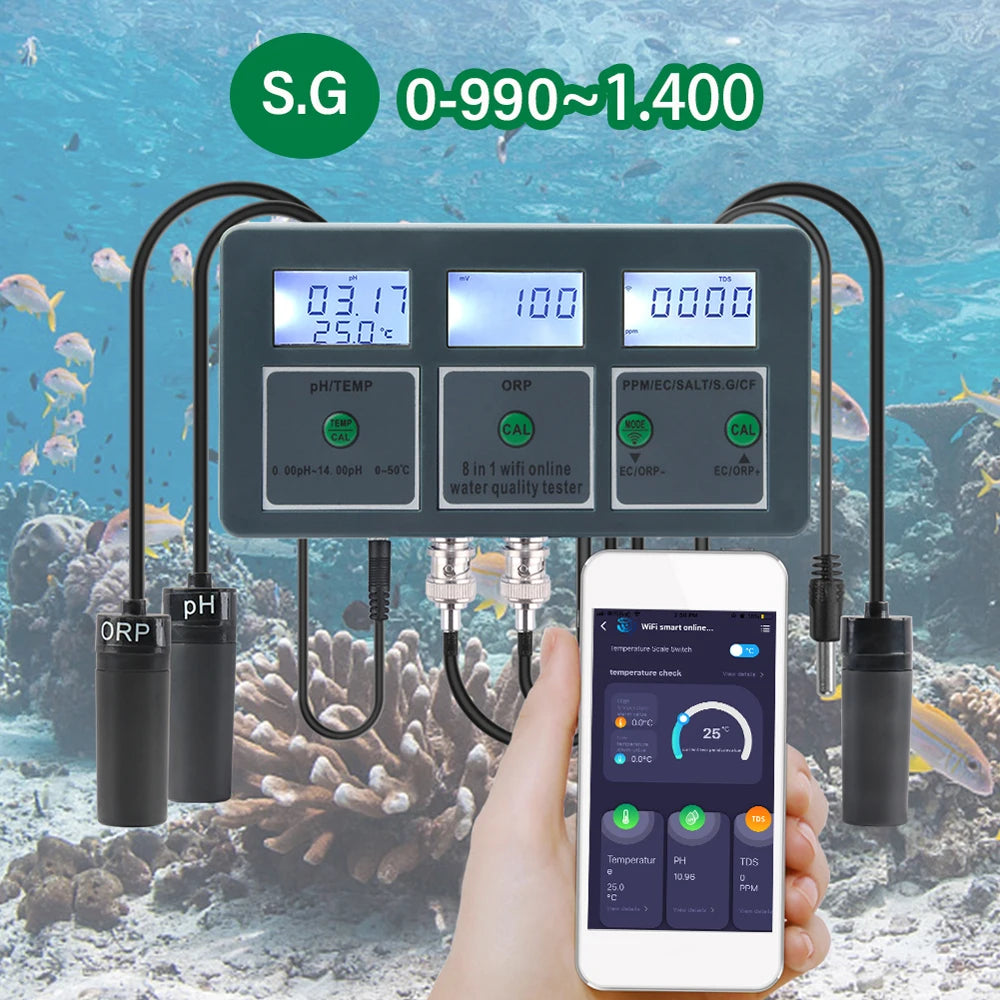 Tuya WiFi 8 in 1 Water Quality Tester – S.G, PH, EC, ORP, TDS, CF, Salt, Temp Analyzer for DIY Water Monitoring
