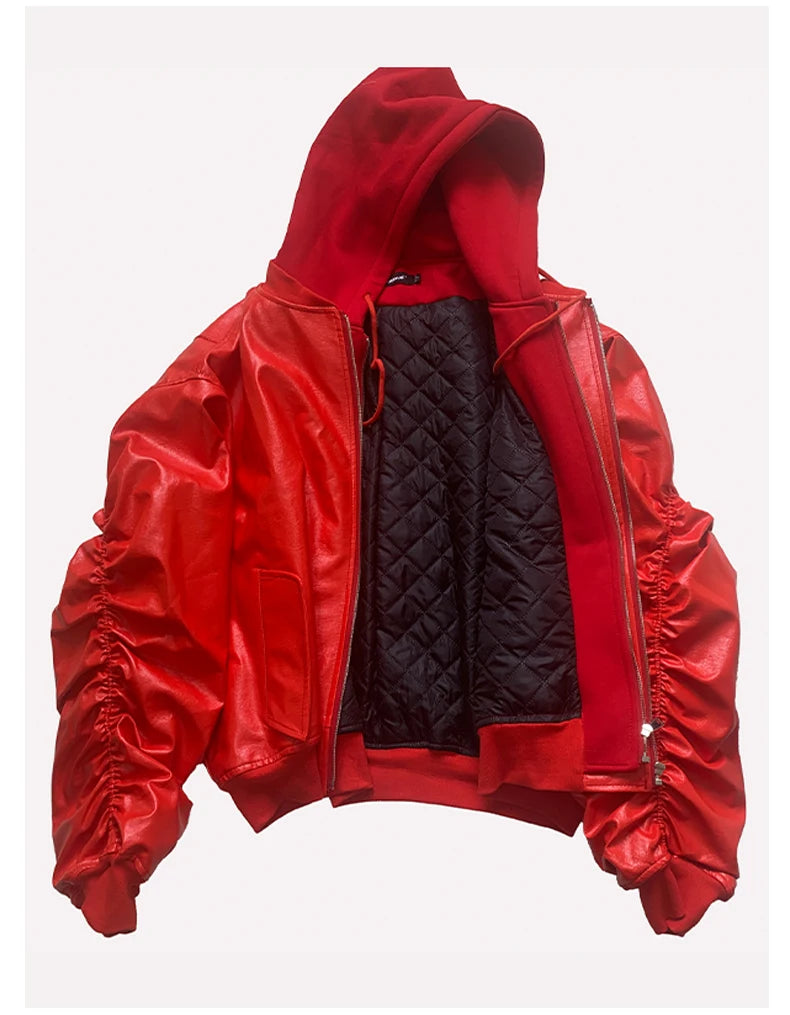 Mauroicardi Autumn Winter Oversized PU Leather Bomber Jacket for Men - Thickened Warm Hooded Luxury Designer Coat