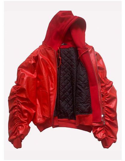 Mauroicardi Autumn Winter Oversized PU Leather Bomber Jacket for Men - Thickened Warm Hooded Luxury Designer Coat