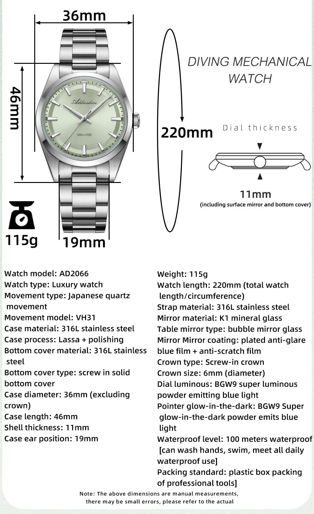 ADDIESDIVE Men's Luxury Quartz Watch – VH31, 100m Waterproof, Green AR Coating, Luminous, 316L Stainless Steel, 36mm