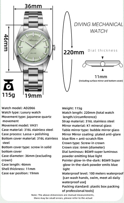 ADDIESDIVE Men's Luxury Quartz Watch – VH31, 100m Waterproof, Green AR Coating, Luminous, 316L Stainless Steel, 36mm