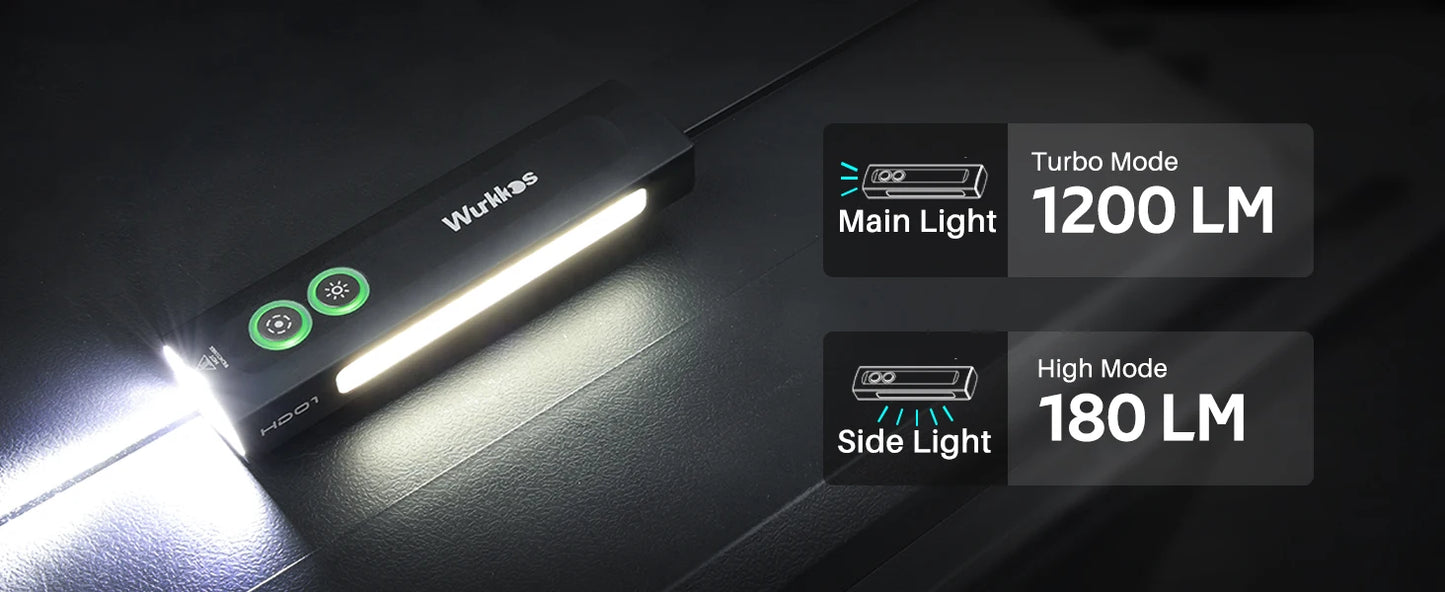 Wurkkos HD01 Multi-Function Rechargeable Flashlight – 1200LM Flat Torch with Green, White, RGB Side Light, IP65 Waterproof