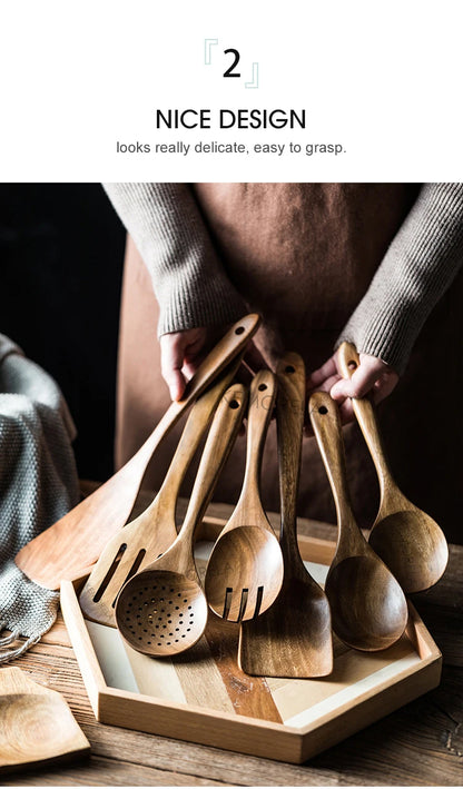 9PCS Teak Wooden Cooking Spoons Set – Kitchen Utensils with Holder