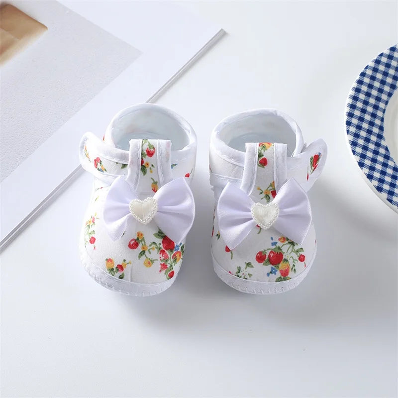 0-18 Months Baby Girls Soft Sole Shoes – Bowknot Flower Print, Non-Slip First Walkers for Indoor & Outdoor