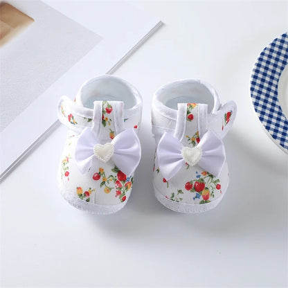 0-18 Months Baby Girls Soft Sole Shoes – Bowknot Flower Print, Non-Slip First Walkers for Indoor & Outdoor