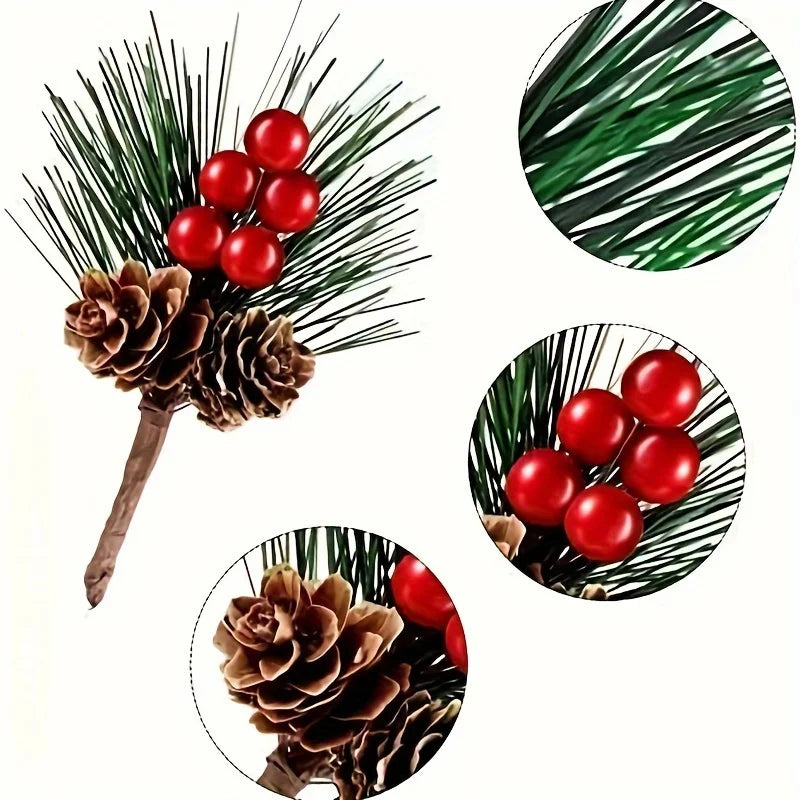 10pcs Artificial Pine Cones & Red Berries – Christmas Tree Toppers & Holiday Decor Set