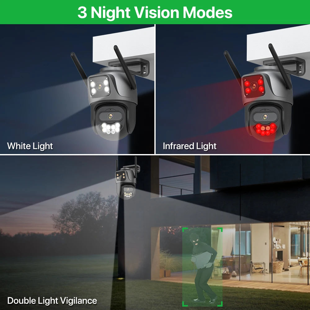 6K 9MP HD Outdoor IP Camera, 3-Lens, Dual Screen, 4K/8MP, Auto Tracking PTZ Security Surveillance with iCSee