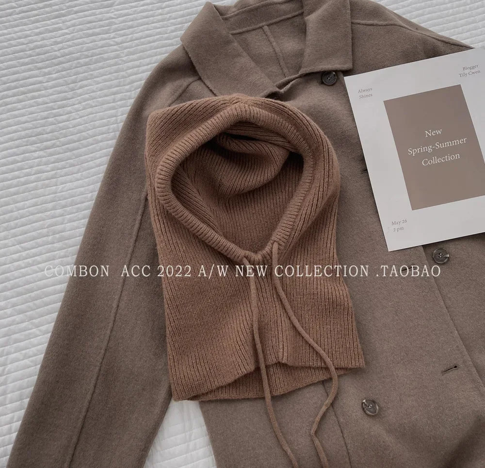 Winter Knitted Hooded Balaclava Hats for Women – Korean Style Outdoor Warmer Beanie with Drawstring Neck Collar