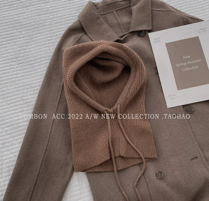 Knitted Hooded Balaclava Hats for Women – Korean Style Winter Outdoor Warmer, Drawstring Neck Collar Beanie Cap