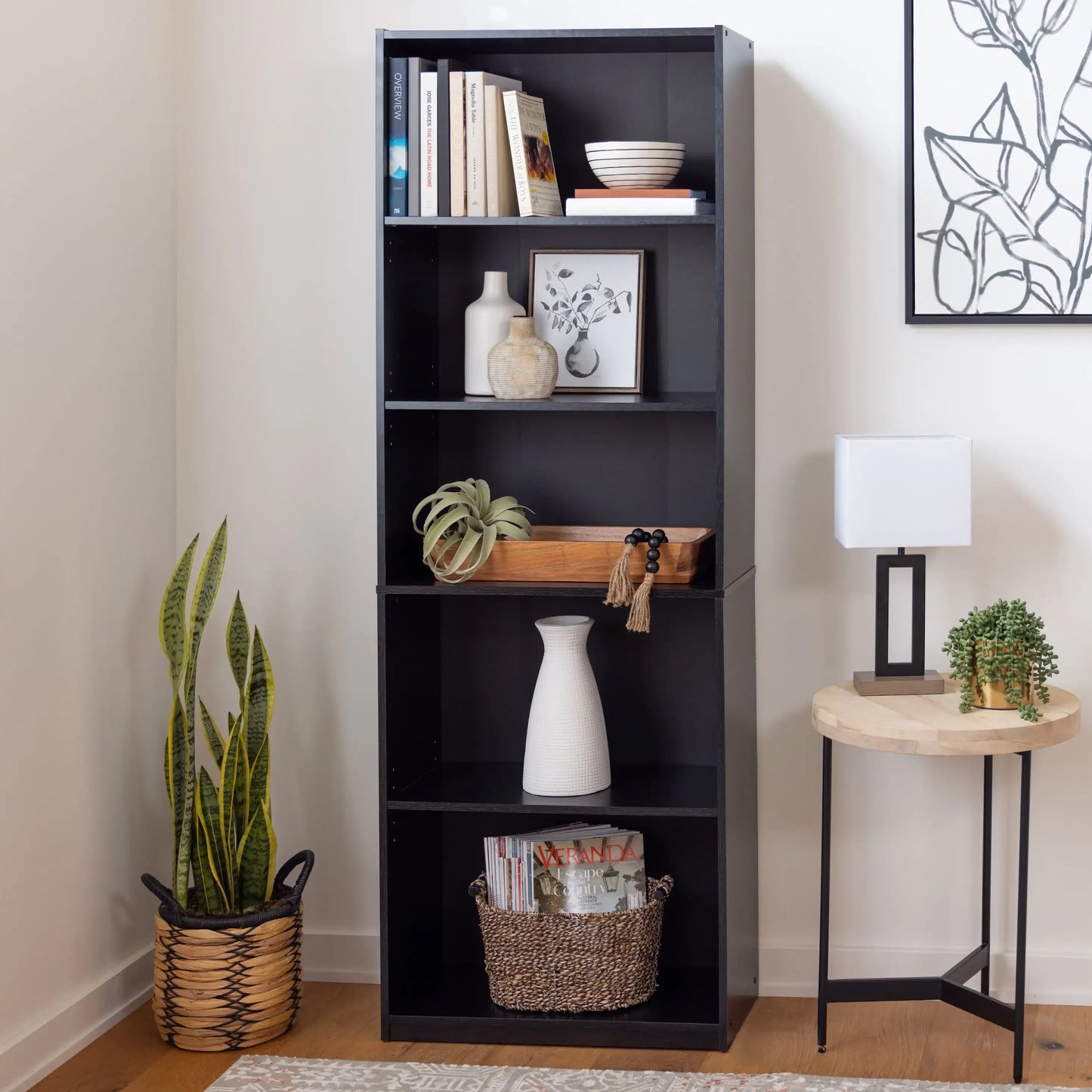 5-Shelf Adjustable Bookcase – True Black Oak Storage Shelf Unit