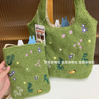 Cartoon Cat Embroidered Lamb Plush Handbag – Cute One-Shoulder Messenger Bag for Mobile Phone & Daily Use