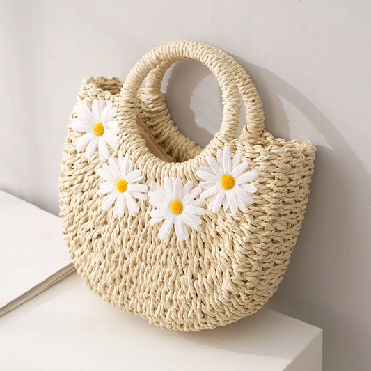 Hand-Woven Straw Beach Bag – Women’s Handmade Moon Basket Crossbody Bohemian Summer Tote