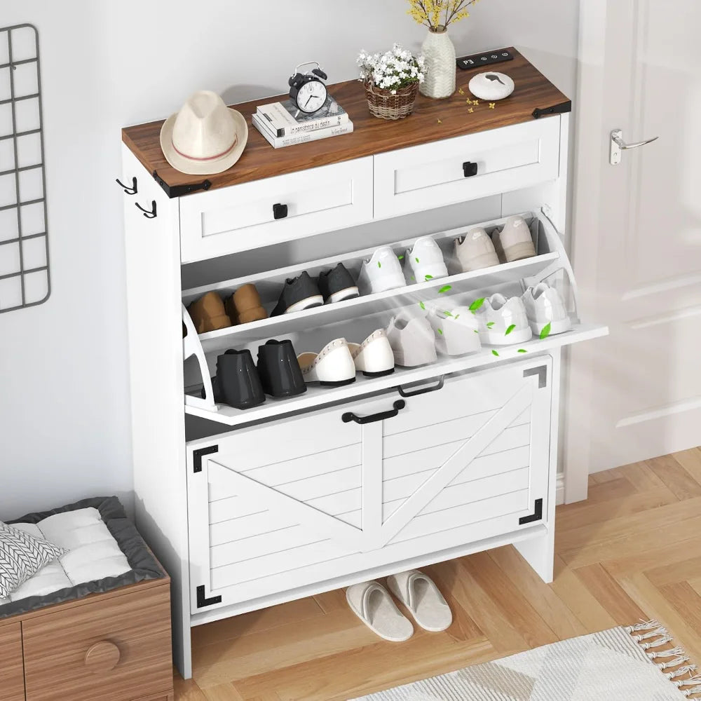 Farmhouse Shoe Storage Cabinet — Narrow Hidden Organizer with Deodorizing Function and 2 Flip Drawers