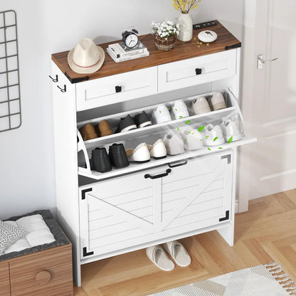 Farmhouse Shoe Storage Cabinet — Narrow Hidden Organizer with Deodorizing Function and 2 Flip Drawers