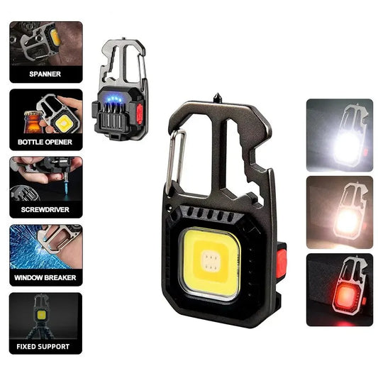 Rechargeable LED Keychain Flashlight - Mini Portable Pocket Work Light, Outdoor Camping Tool with Wrench, Screwdriver, and Safety Hammer