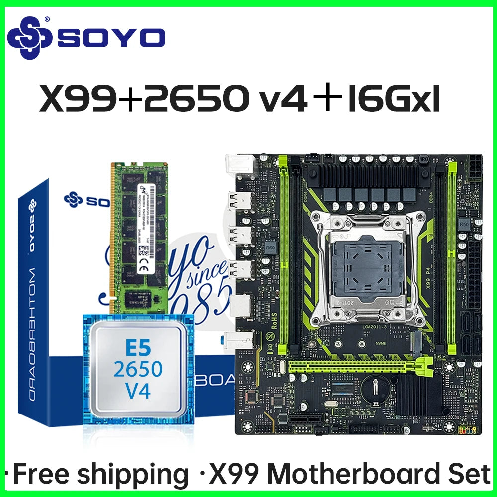 SOYO X99 Motherboard Set with Intel Xeon E5 2650 V4 CPU & 16GB DDR4 2133MHz RAM - Gaming Computer Components
