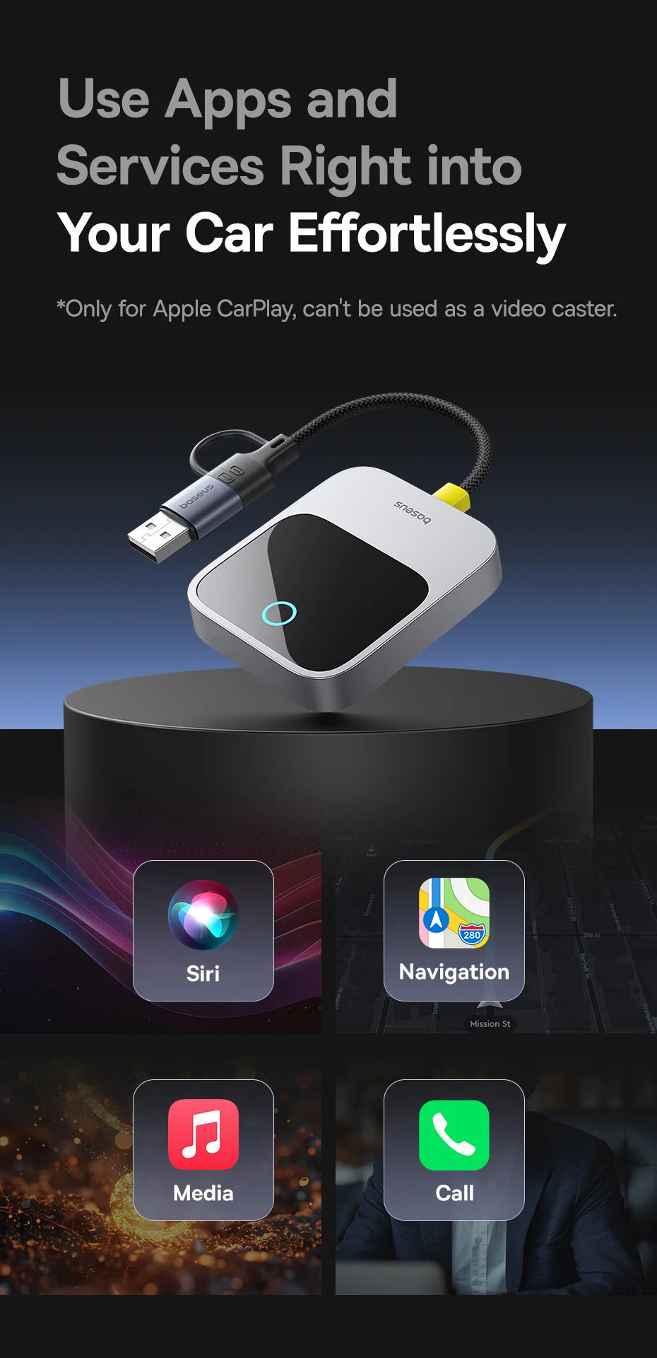 Baseus Wireless CarPlay Adapter - Wired to Wireless Auto Connect, Plug ...