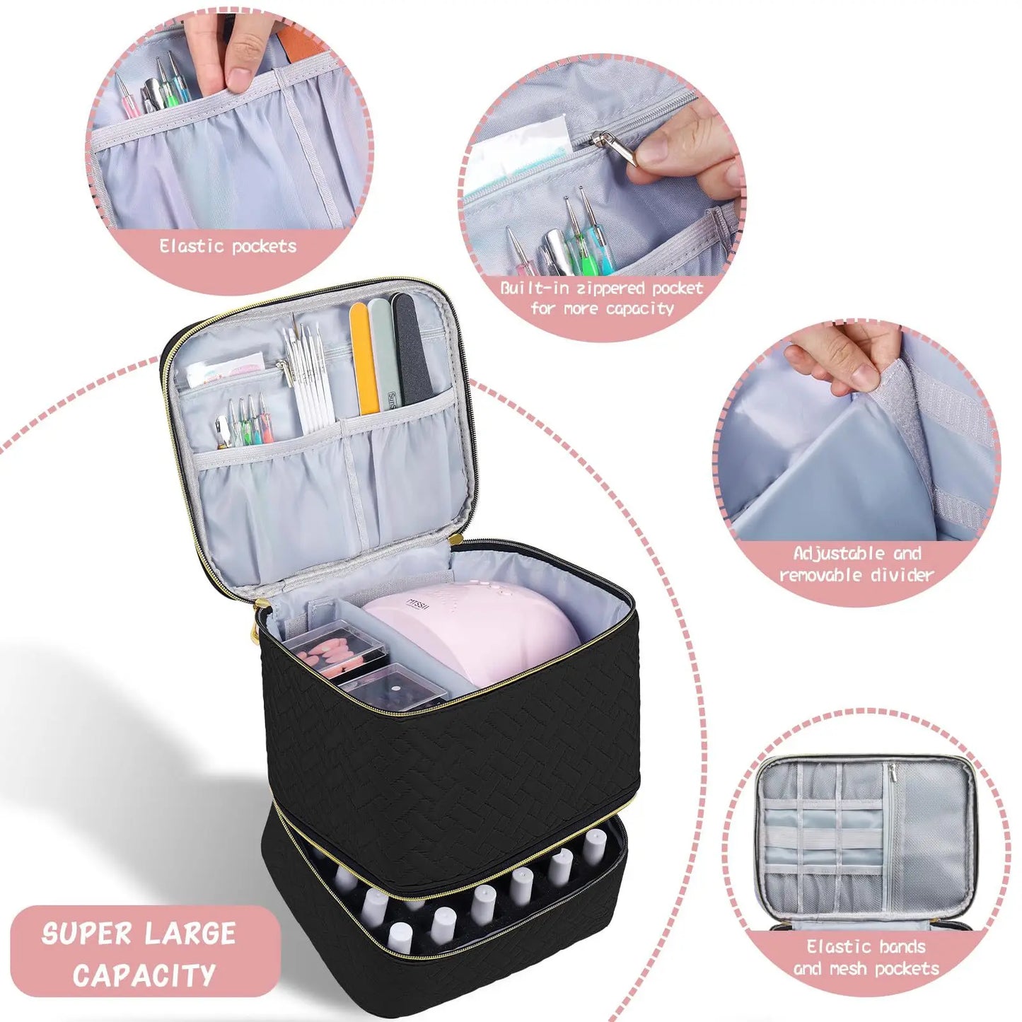 Nail Polish & Essential Oil Storage Bag – Portable Double-Layer Cosmetic Organizer with 30 Compartments
