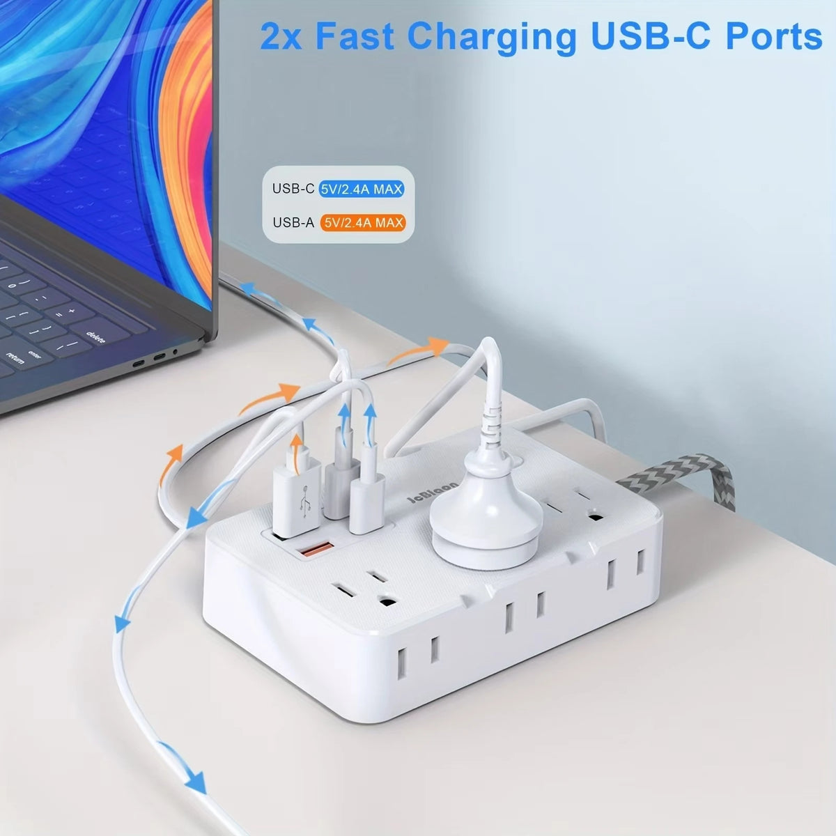 US Plug AC Outlet Power Strip – Braided Extension Cord with USB Type-C ...