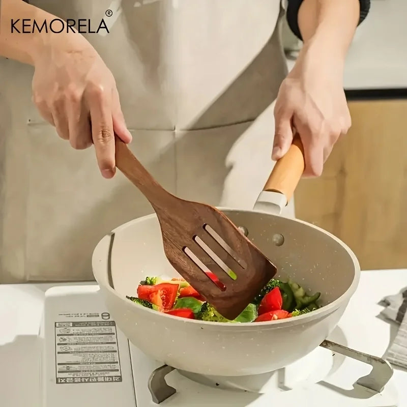 5PCS Thailand Teak Wooden Cooking Spoon Set – Natural Kitchen Ladle, Turner, Rice Colander & Soup Skimmer Utensils