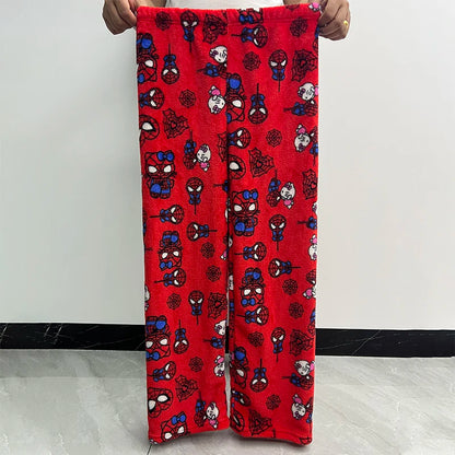 Hello Kitty Spider-Man Cotton Velvet Pajamas - Loose Long Pants, Cartoon Sleepwear for Women and Men, Casual Wear