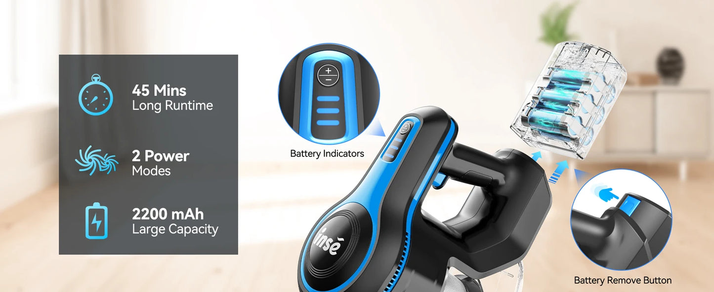 INSE Cordless Vacuum Cleaner - 6 in 1, 20Kpa Suction, Lightweight Stick Vacuum with 2200mAh Rechargeable Battery for Home Cleaning
