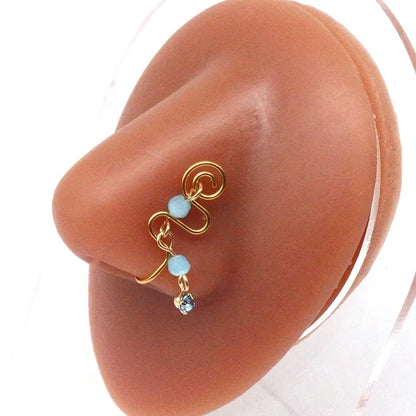 Nose Cuffs Fake Nose Ring – Brass Thread Bead Dangle Copper Clip-On Non-Piercing Body Jewelry for Women