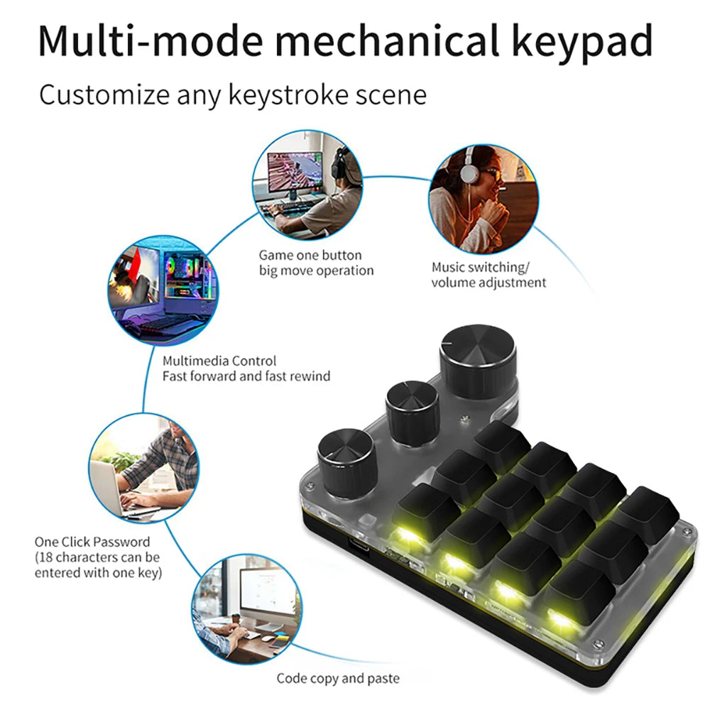 Bluetooth 12-Key RGB Macro Keyboard — 3 Knob Mechanical Hotswap Keypad for Photoshop & Gaming