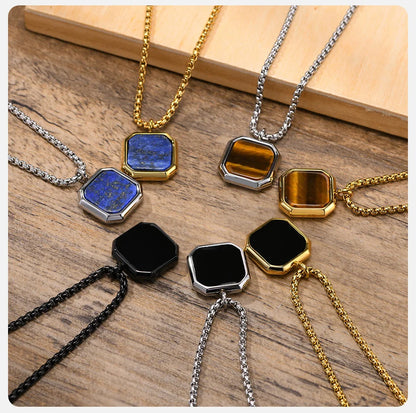 Vnox Stylish Men's Square Natural Stone Necklace - Stainless Steel Geometric Polygon Pendant, Casual Punk Jewelry Gift