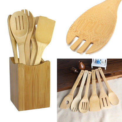 6PCS Bamboo Cooking Utensil Set – Wooden Spoons & Spatulas for Kitchen Mixing & Cooking