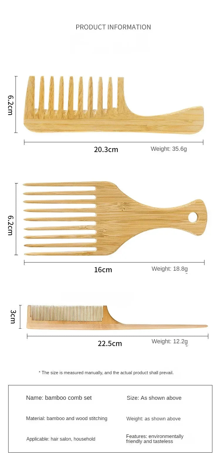Natural Bamboo Wooden Hair Comb – Anti-Static Afro Fork, Wide Tooth Round Comb & Hair Brush for Women