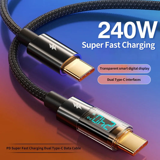 240W PD Fast Charging USB-C to USB-C Cable with 100W Digital Display – Charger for Xiaomi Huawei MacBook iPad