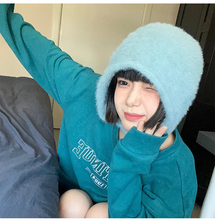 Y2K Cute Beanie Hat – Warm Japanese Knit for Autumn & Winter, Ear Protection, Tie Pullover Cap for Men & Women