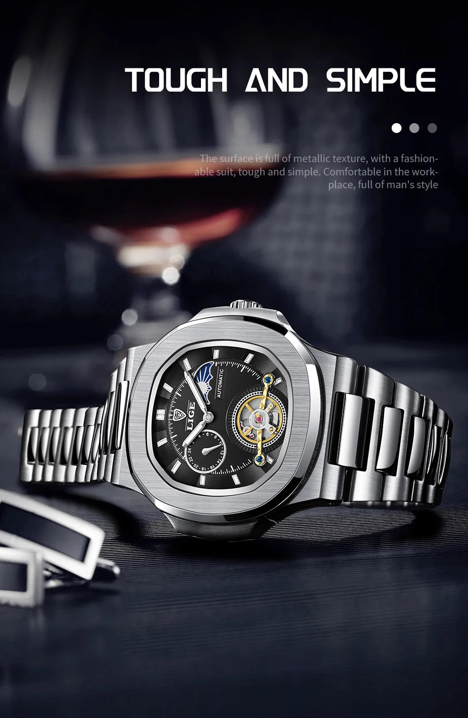 LIGE Dual Seconds Tourbillon Watch – Men's Stainless Steel Mechanical Timepiece, 24H, Night Glow, Waterproof