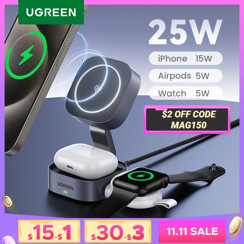 UGREEN Qi2 25W Magnetic Wireless Charger Stand - 2-in-1 Fast Charging Station for iPhone 15/16 Pro Max, AirPods, Compatible with MagSafe
