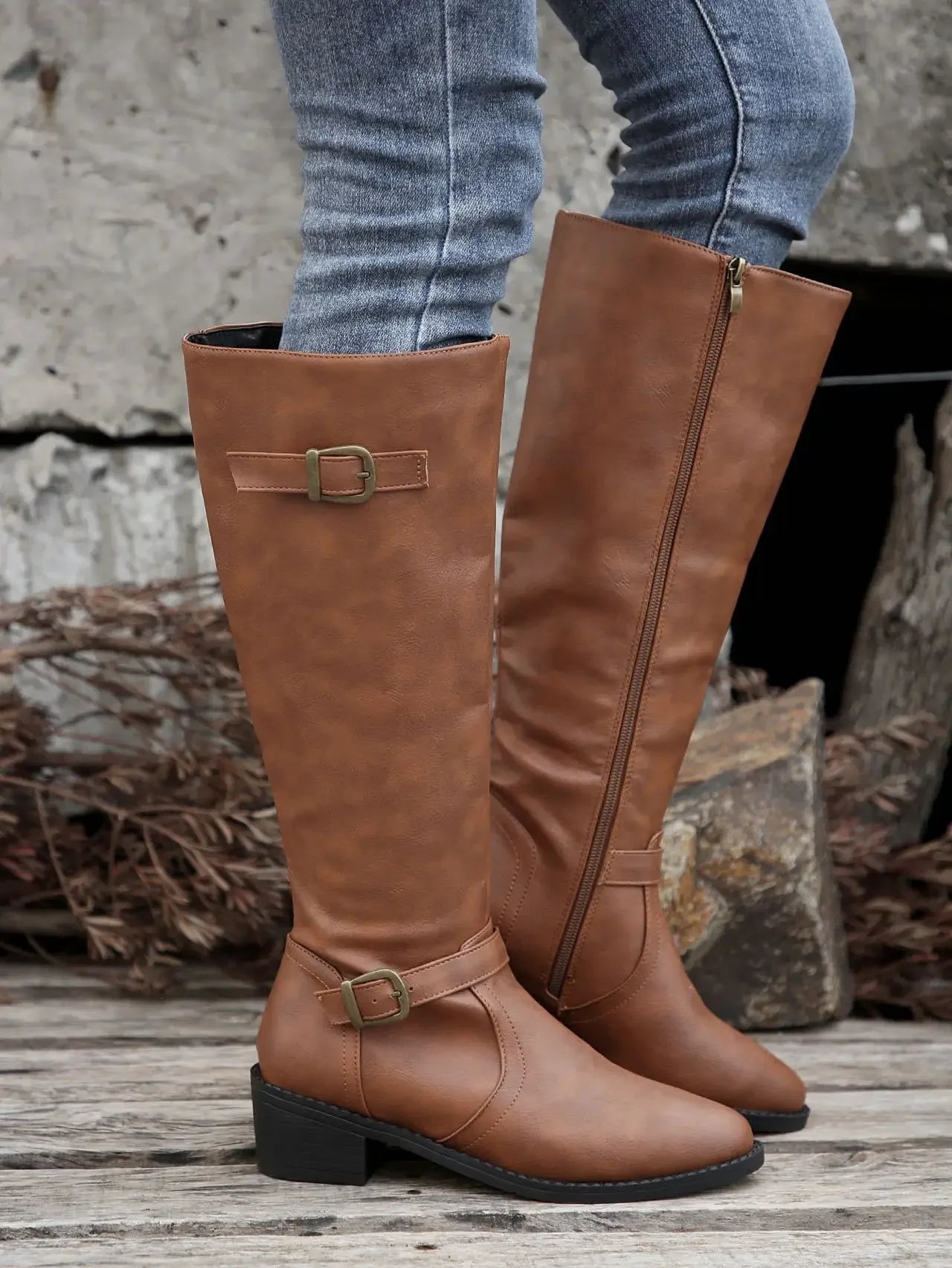 Women’s Winter High-Top Knight Boots – Side Zipper & Belt Buckle, Pointed Toe, PU Material with Cotton Lining