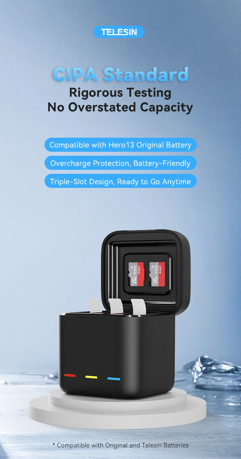 TELESIN 3-Slot Fast Battery Charger for GoPro Hero 13 – Portable Charging Dock for Action Camera Accessories