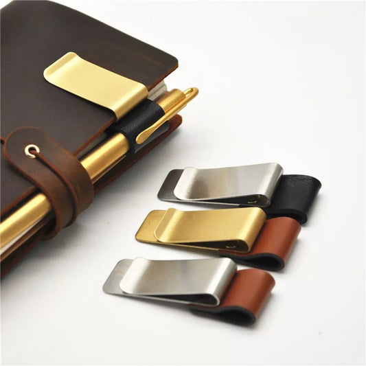 Metal Leather Pen Holder: Vintage Brass Stainless Steel Pencil Clip for Notebook, Memo, and Diary