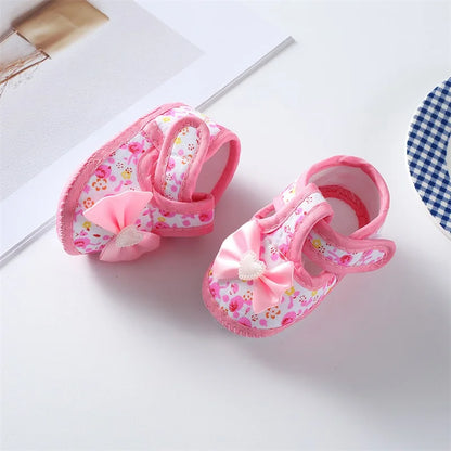 0-18 Months Baby Girls Soft Sole Shoes – Bowknot Flower Print, Non-Slip First Walkers for Indoor & Outdoor
