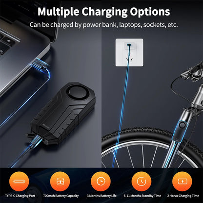 Wsdcam Vibration Bicycle Alarm – USB Rechargeable Anti-Theft Motorcycle Bike Alarm 113 dB Waterproof with Remote Control