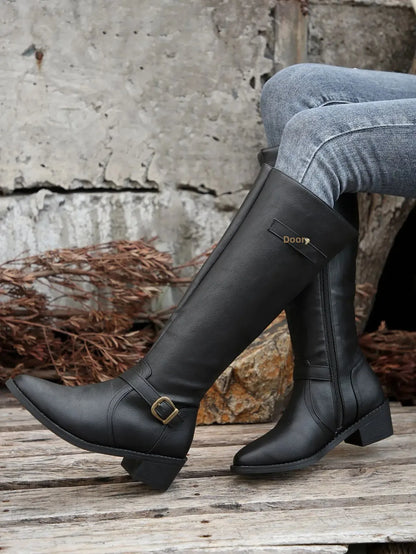 Women’s Winter High-Top Knight Boots – Side Zipper & Belt Buckle, Pointed Toe, PU Material with Cotton Lining